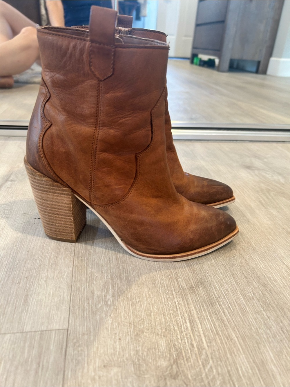 Crevo Women's Brown Leather Western Ankle Boots - Stylish Block Heel